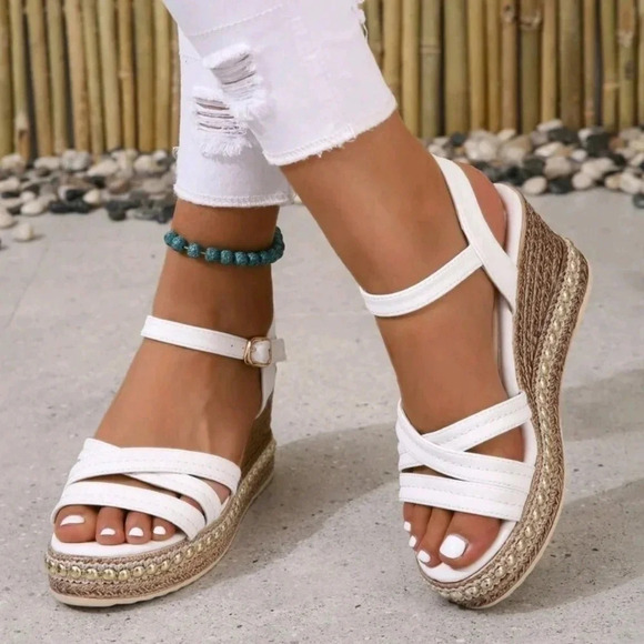 Buckle Decor Espadrille Sole Wedge Sandals, Vacation Beach Ankle Strap Sandals - Picture 2 of 6